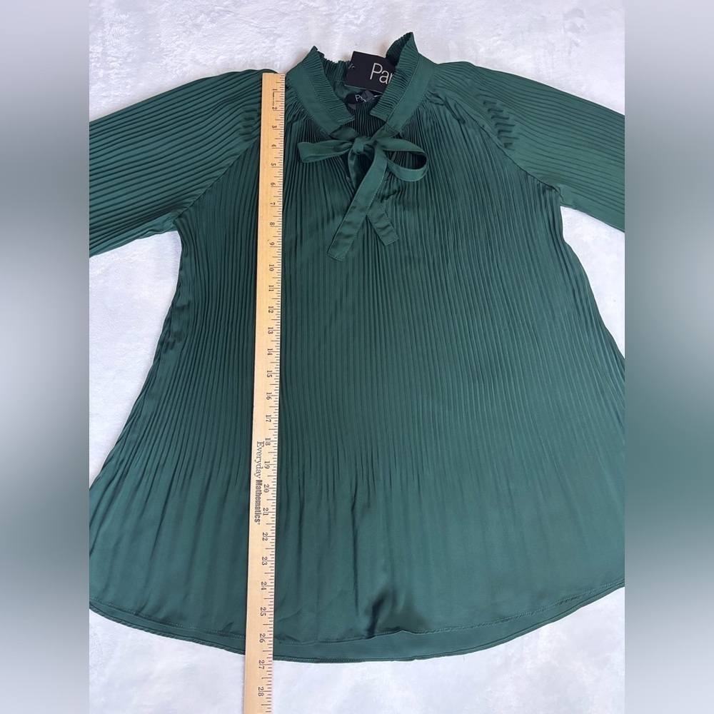 New Papillon Blanc Blouse Dark Green Emerald Top Long sleeve Pleated Size XS - Picture 3 of 11